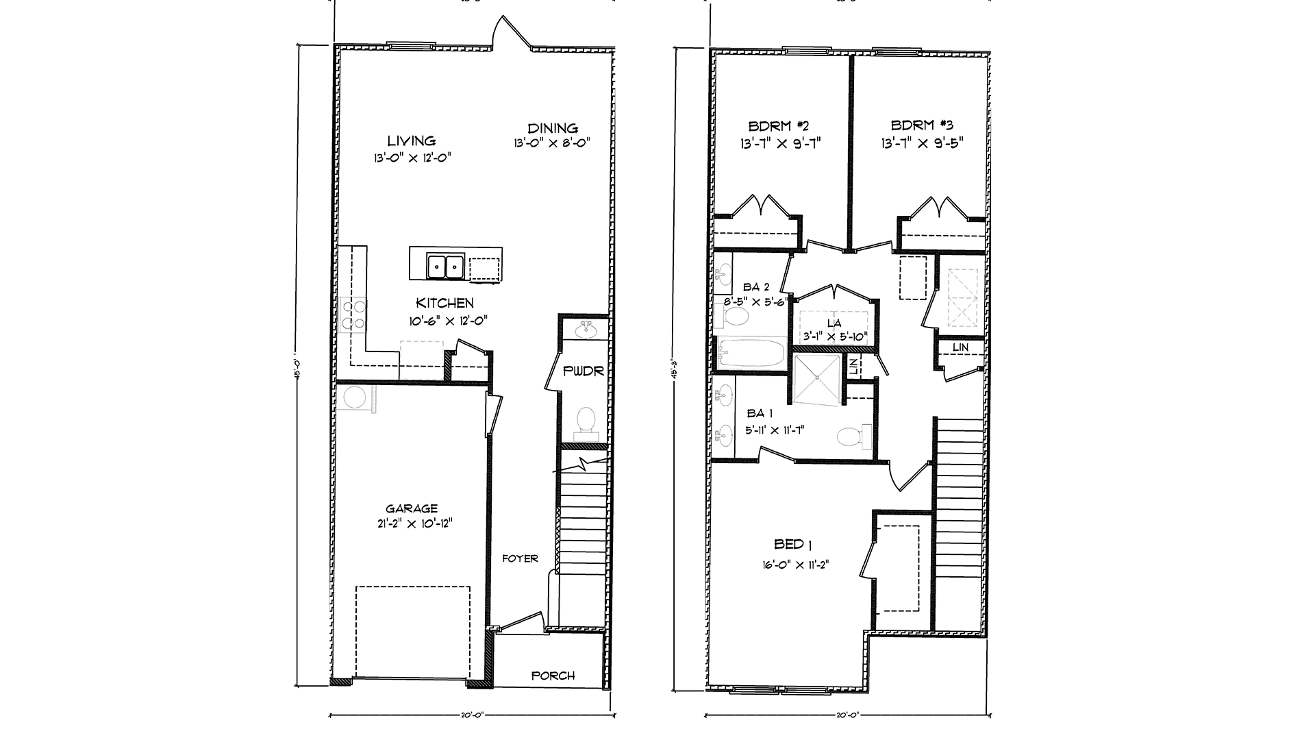 The Palm Interior Unit floor plan showing the spacious main level living area and all bedrooms and laundry area on the second level