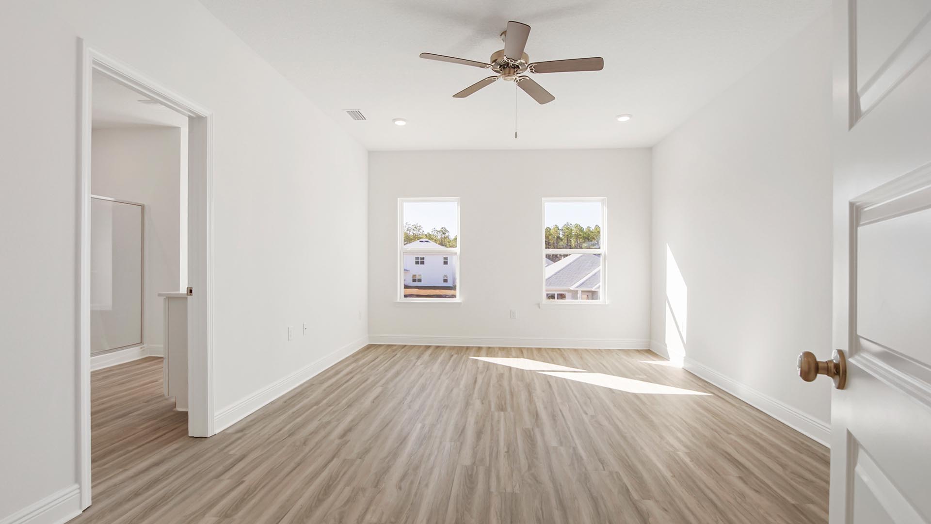 The primary bedroom is located on the second level