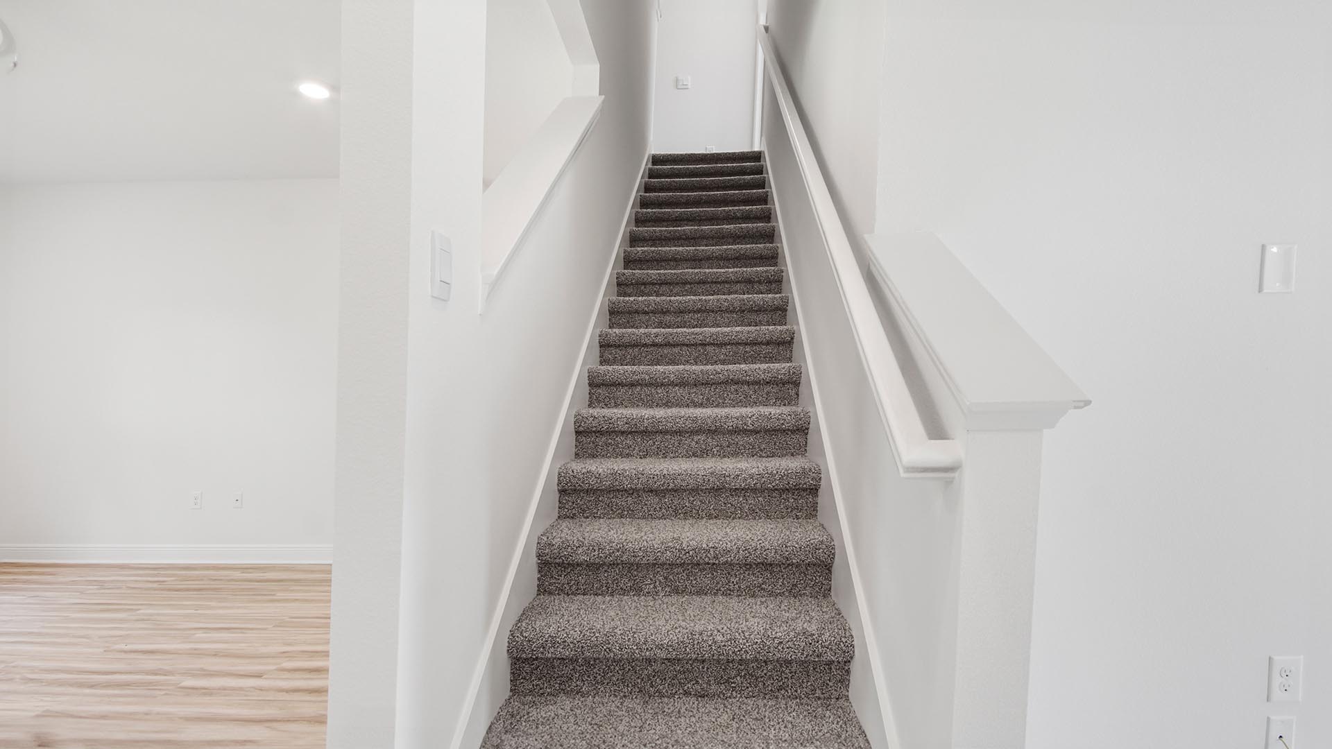 Carpeted stairs leading to second level bedrooms