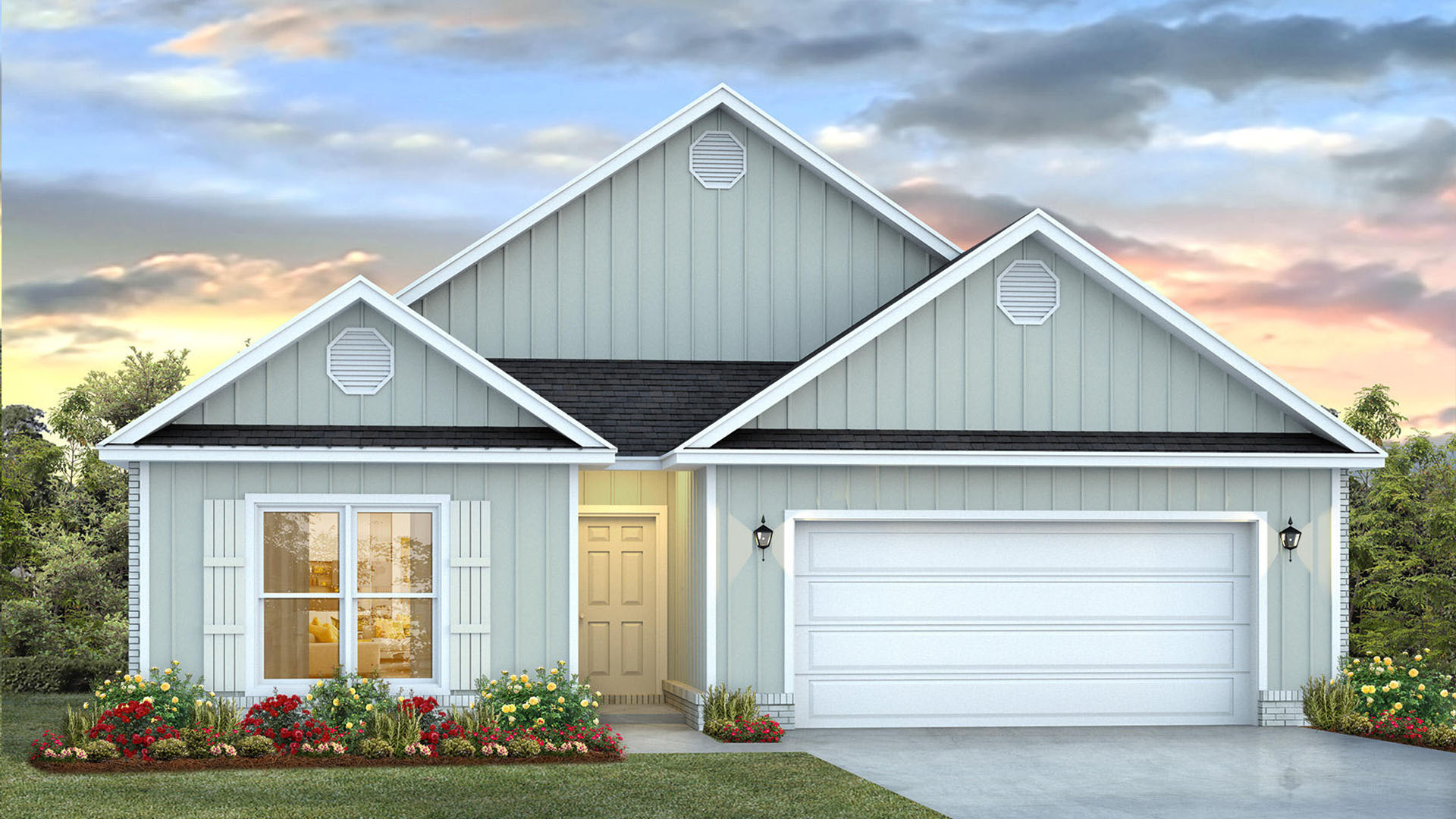 410 Wolcott Way is under construction. This image shows the Delray rendering with a light green exterior and white shutters