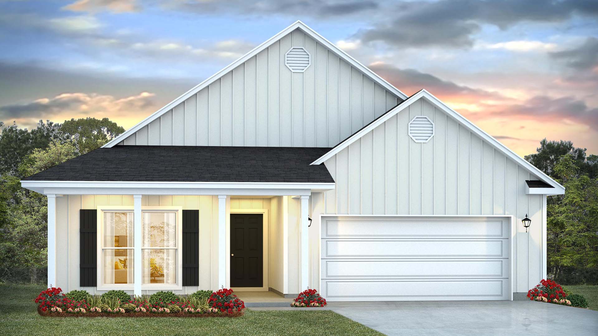 Bayside at Ward Creek Delray plan elevation C front exterior rendering of single story home with large front window and covered front patio and two car garage.