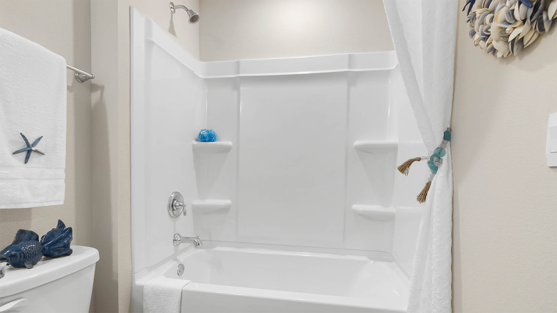 Bathroom with shower tub combination.