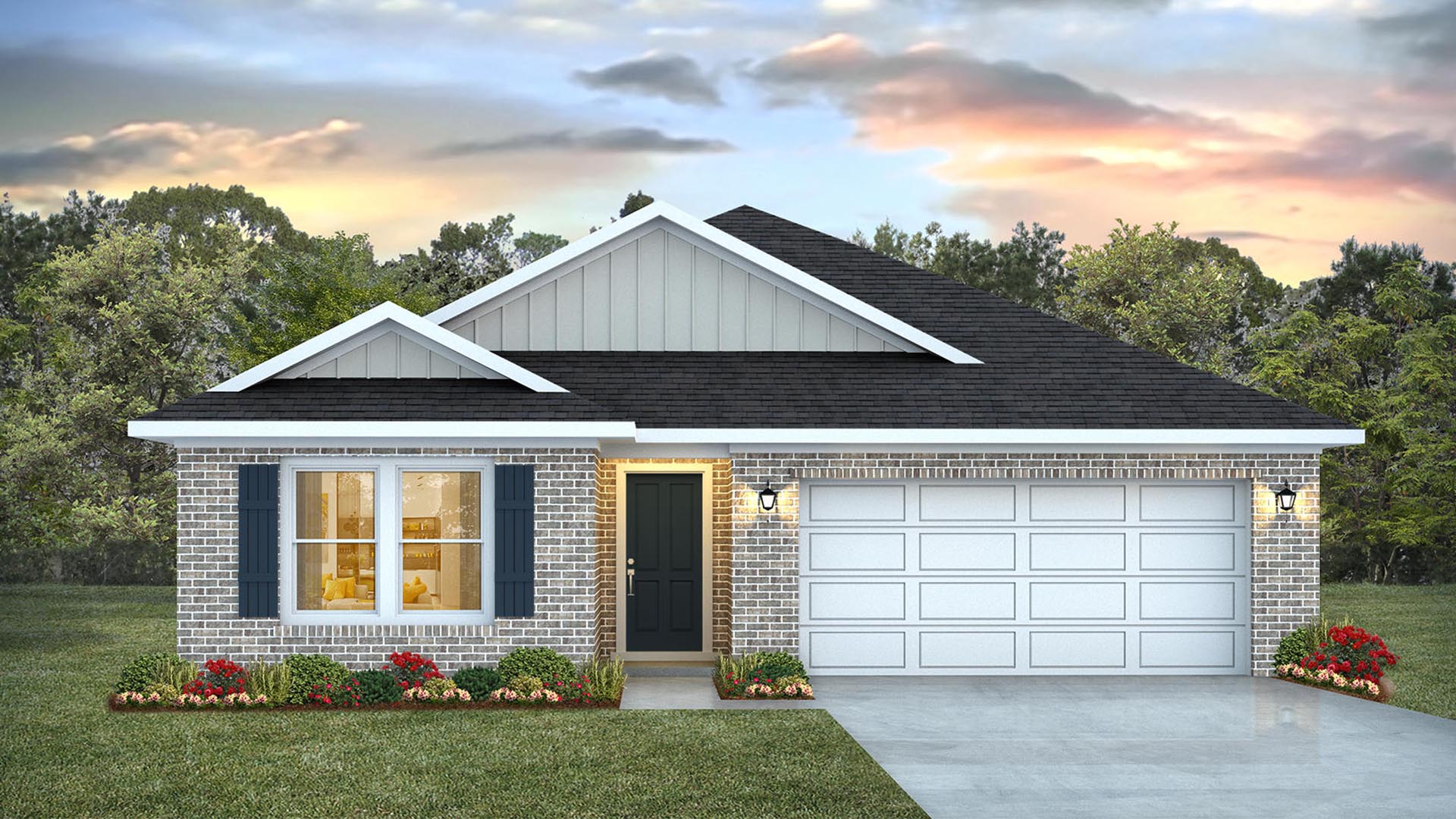 The Creekside has a brick front with four side vinyl. This home has five bedrooms and three full bathrooms
