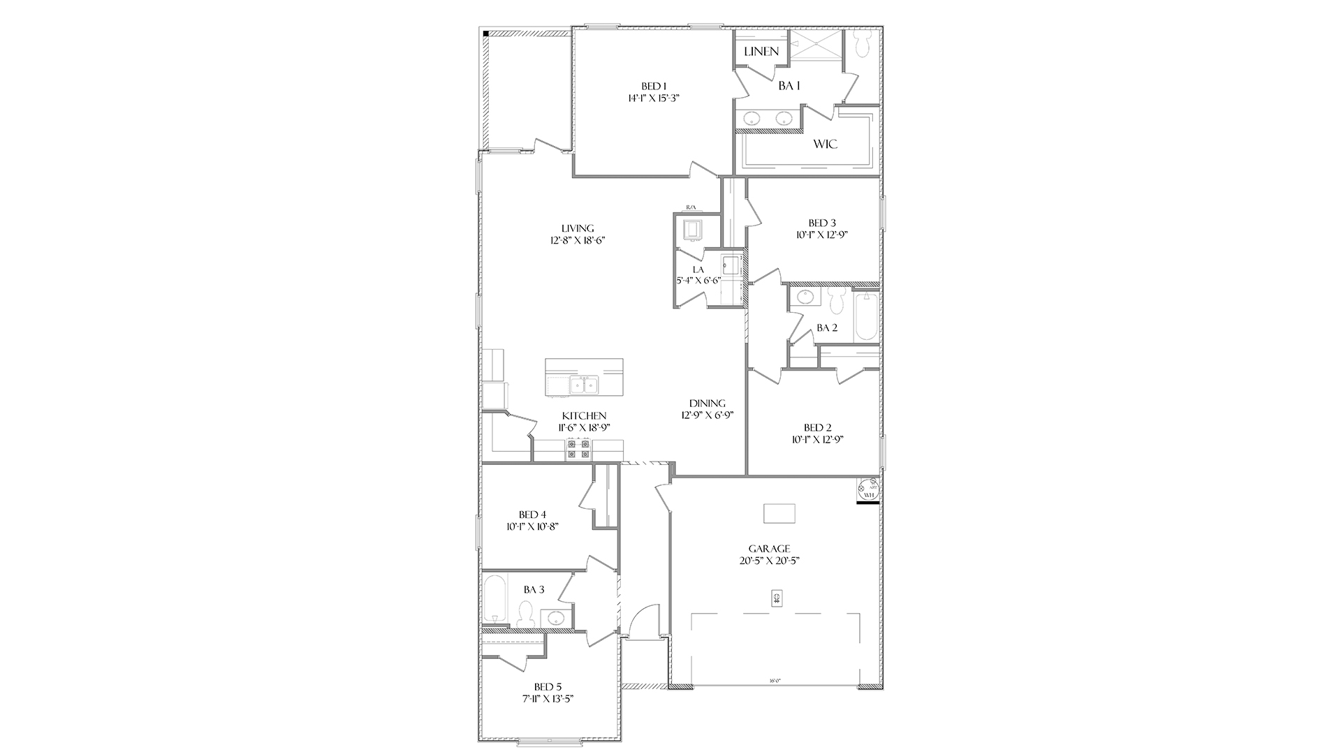 The Creekside floorplan showing five bedrooms and three full bathrooms