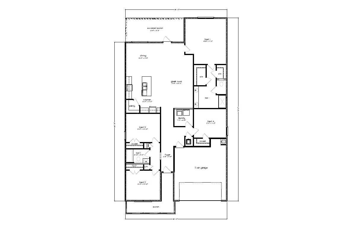 The Easton floorplan showing four bedrooms and two bathrooms with two car garage.