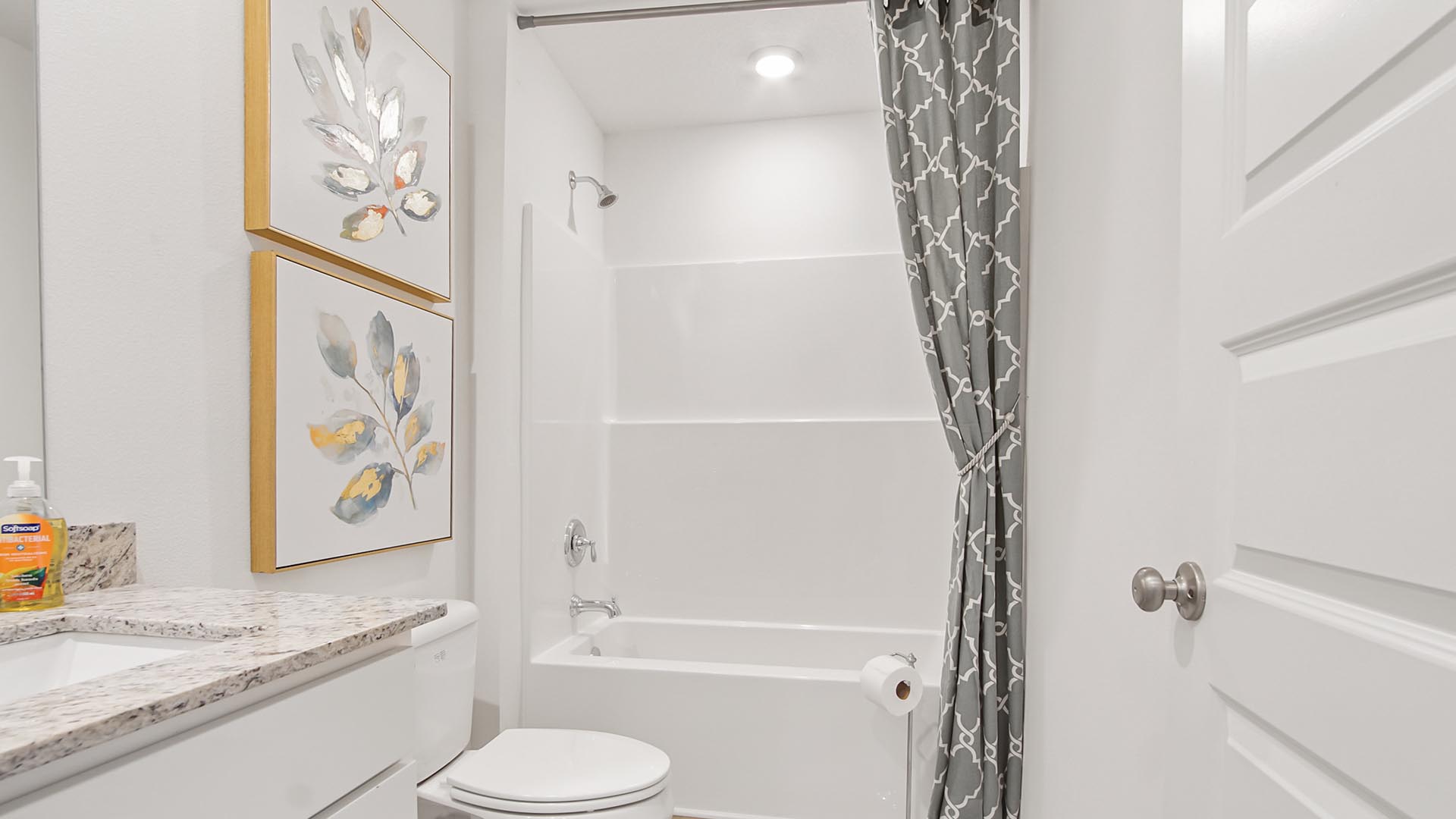 The shared bathroom is located off the foyer and it features granite countertops and a single vanity and lower cabinetry