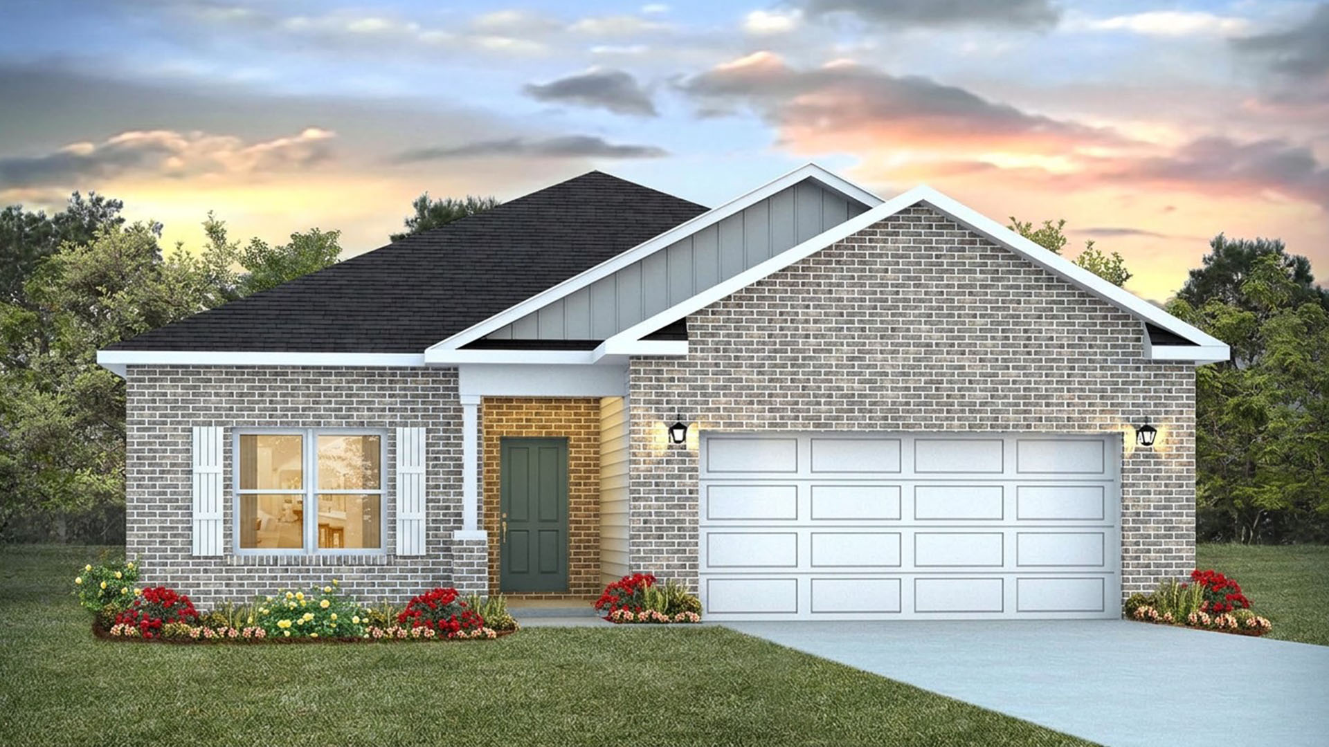 105 Foxtrail Run is under construction. Image shows a rendering with brick front, vinyl siding and two car garage