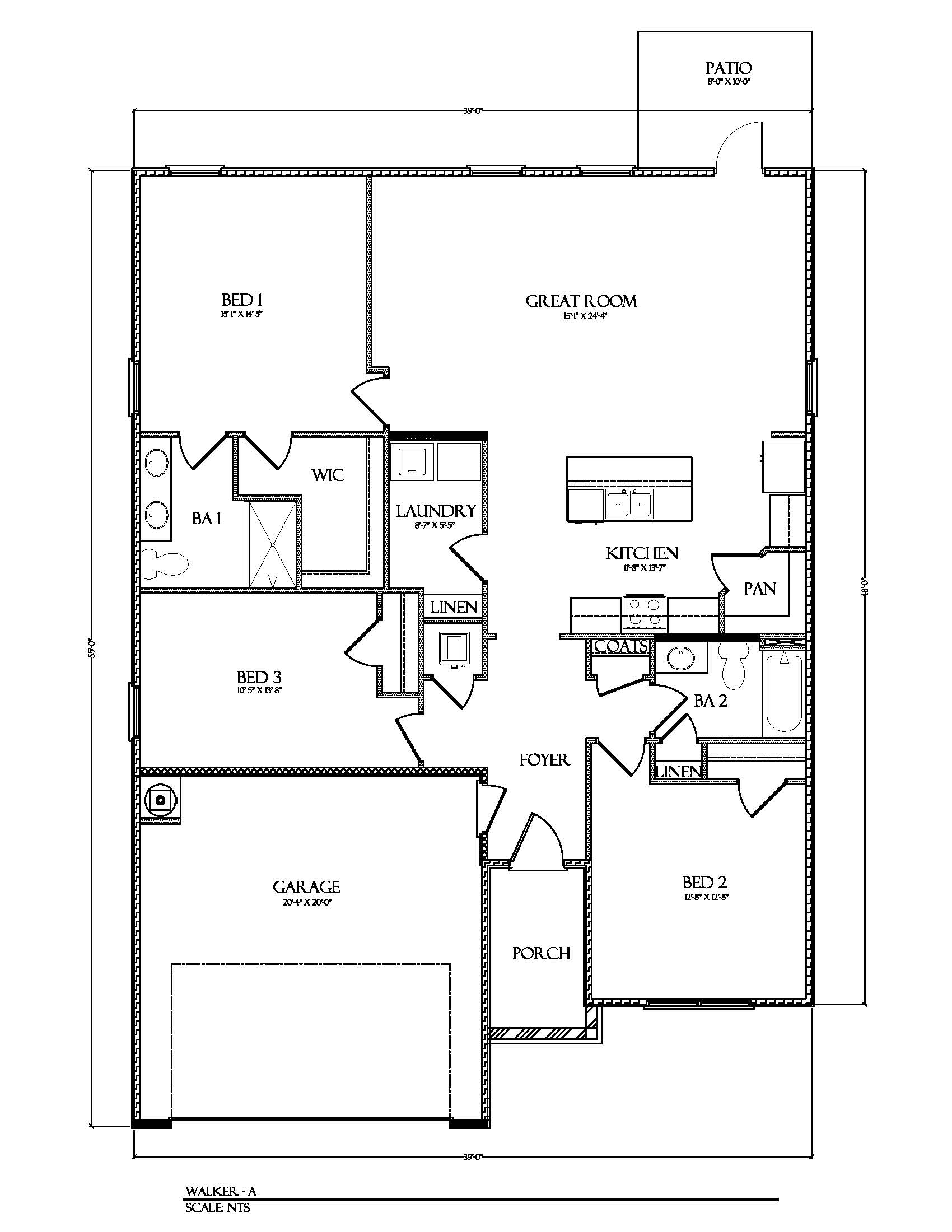 The Walker floorplan showing three bedrooms and two bathrooms with a two car garage
