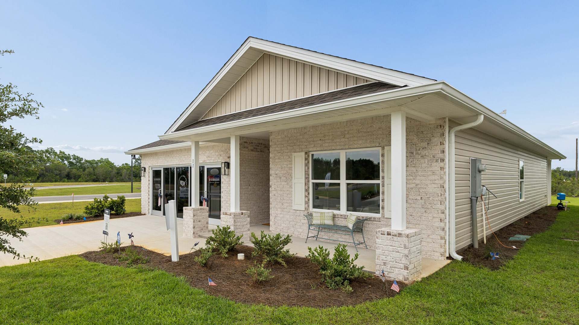 The Beau is our model home and sales center has shows a brick exterior on the front and covered front porch
