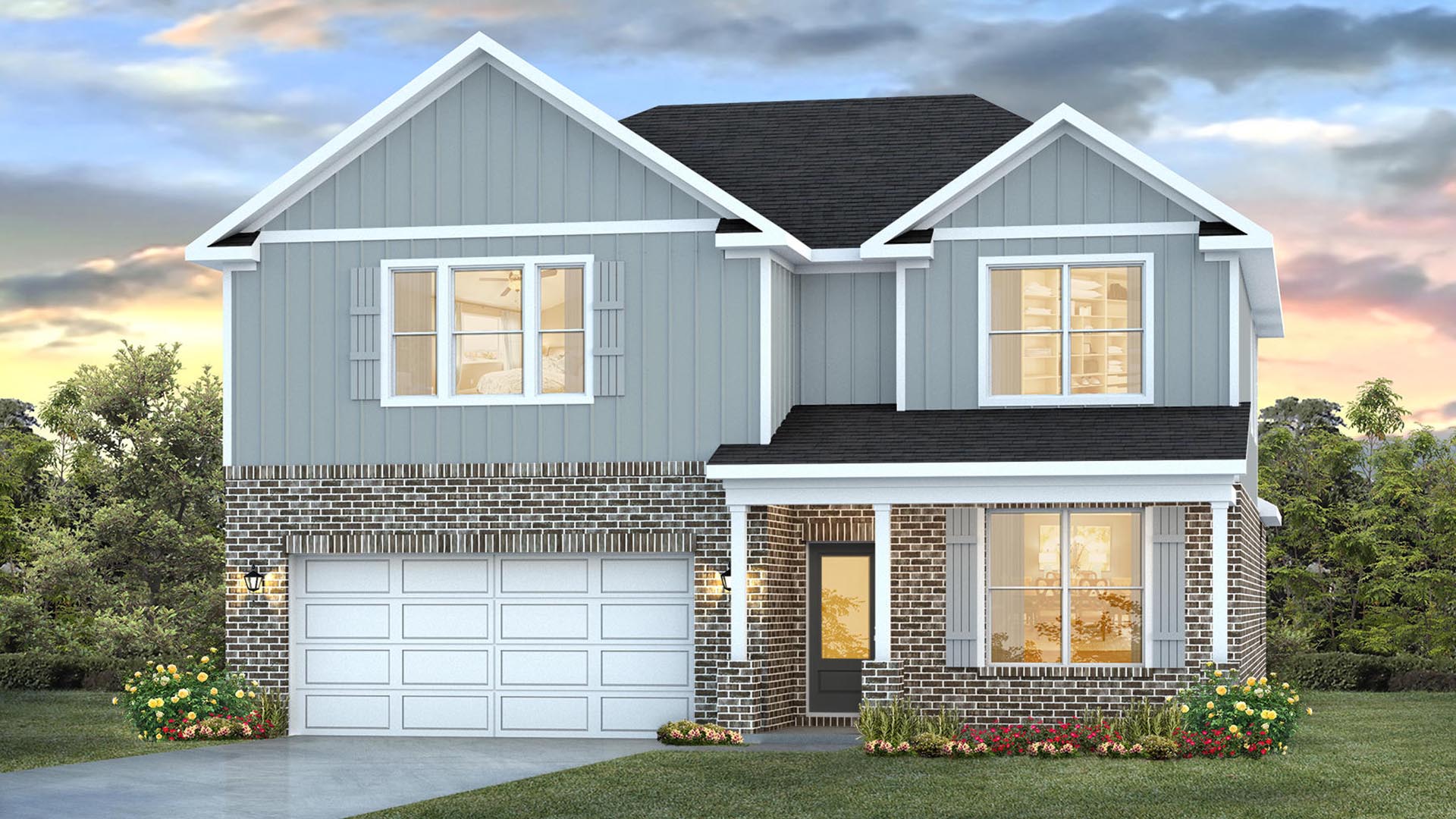 The Embry is a two story home with five bedrooms and three and half bathrooms with a two car garage.