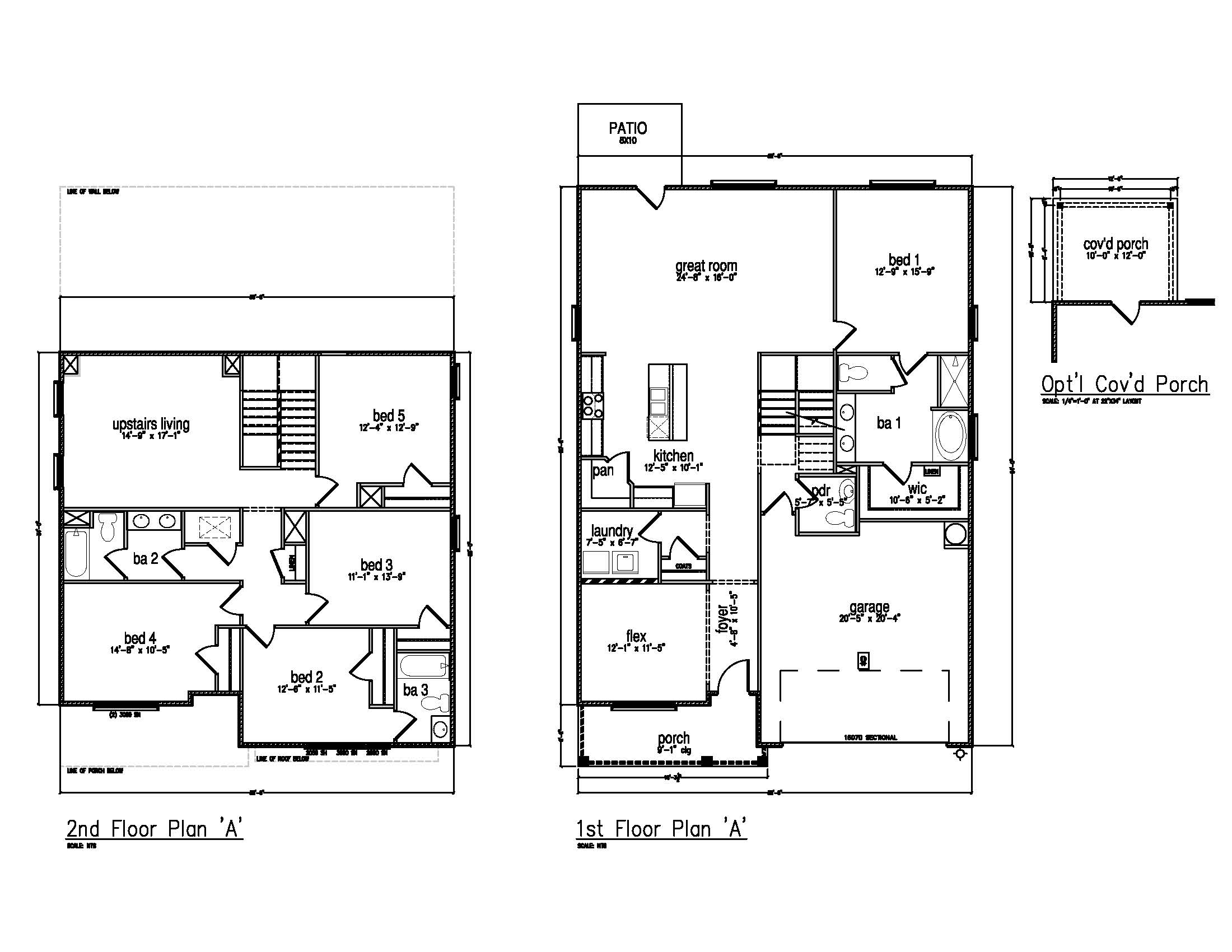 The Embry floor plan showing the two story home with a flex space off the entry hall, a downstairs primary bedroom and a second level four additional bedrooms