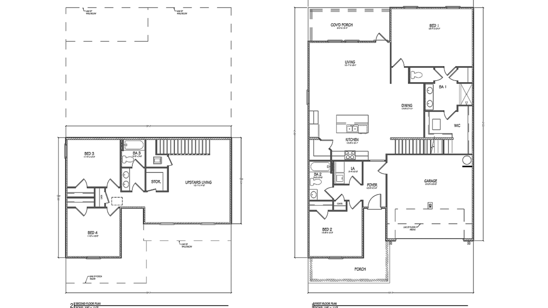 The Ozark floor plan showing to bedrooms on the main level and two bedrooms on the second level for four bedrooms and three full bathrooms.