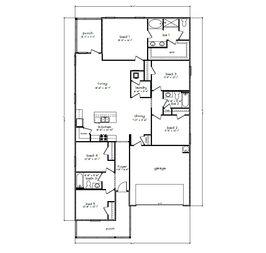 The Riverside floorplan showing five bedrooms and three full bathrooms and the covered front and back porches.