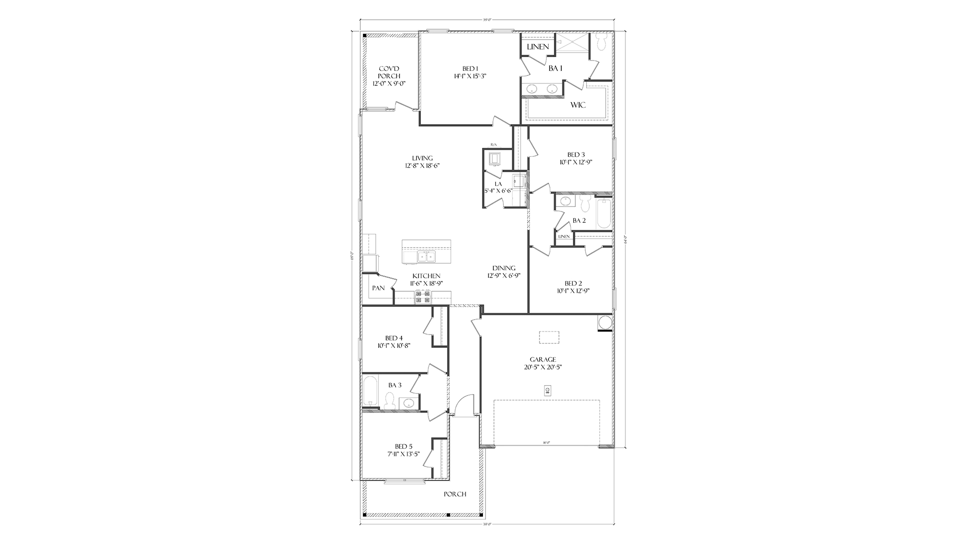 The Riverside floor plan showing five bedrooms and three full bathrooms. Two bedrooms are off the front entry hall with a shared bath in between. Two additional guest bedrooms are off the kitchen and dining area with a second shared bath. The primary bedroom is located at the back of the home with a full bathroom with walk in closet.