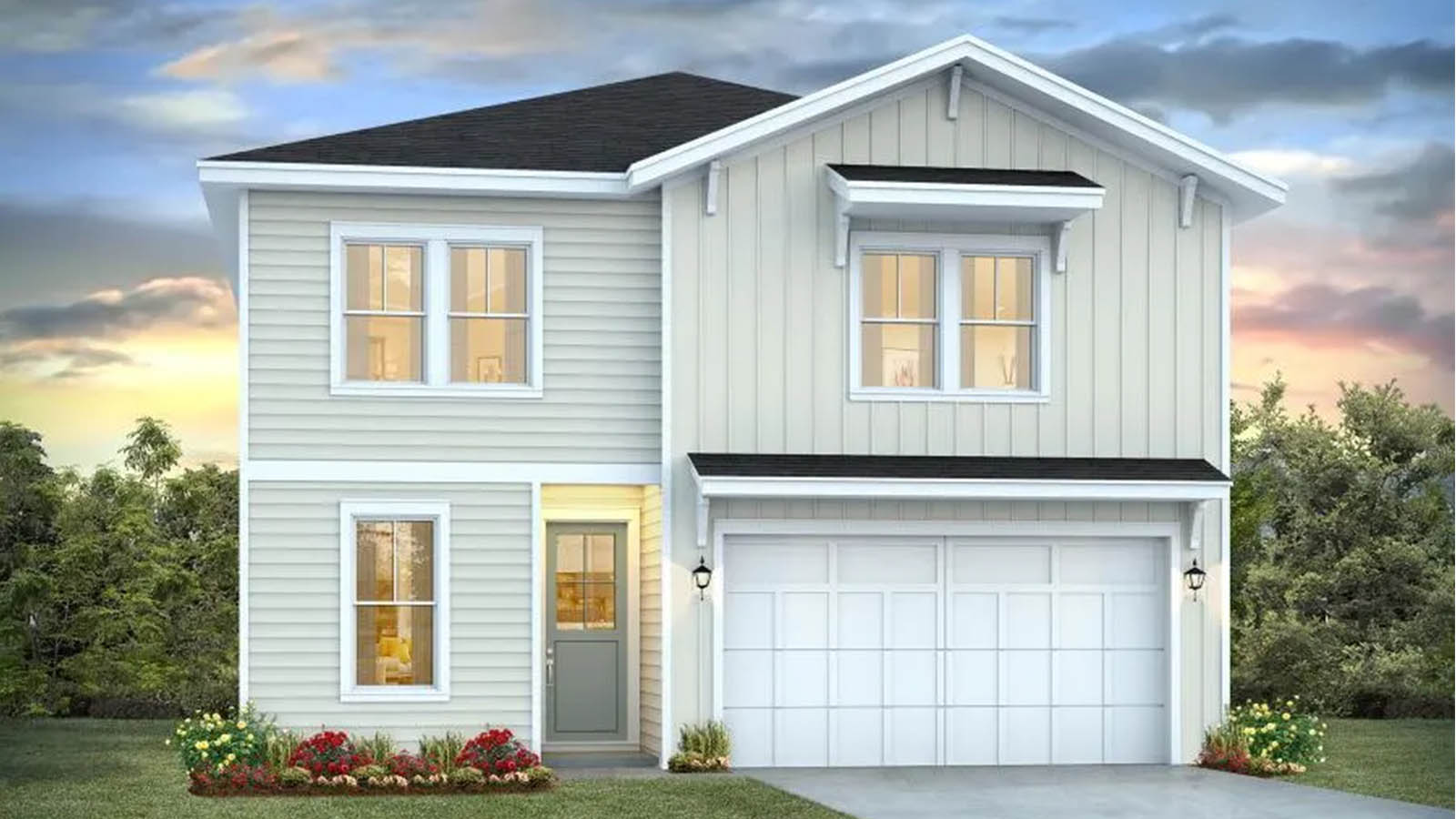 Ashton plan front rendering two story home with large windows and two car garage and covered front entrance.