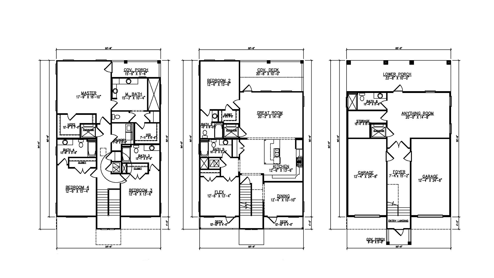 The Cayman floor plan showing three levels with two separate garages, there is one bedroom on level two, and three bedrooms on level three.