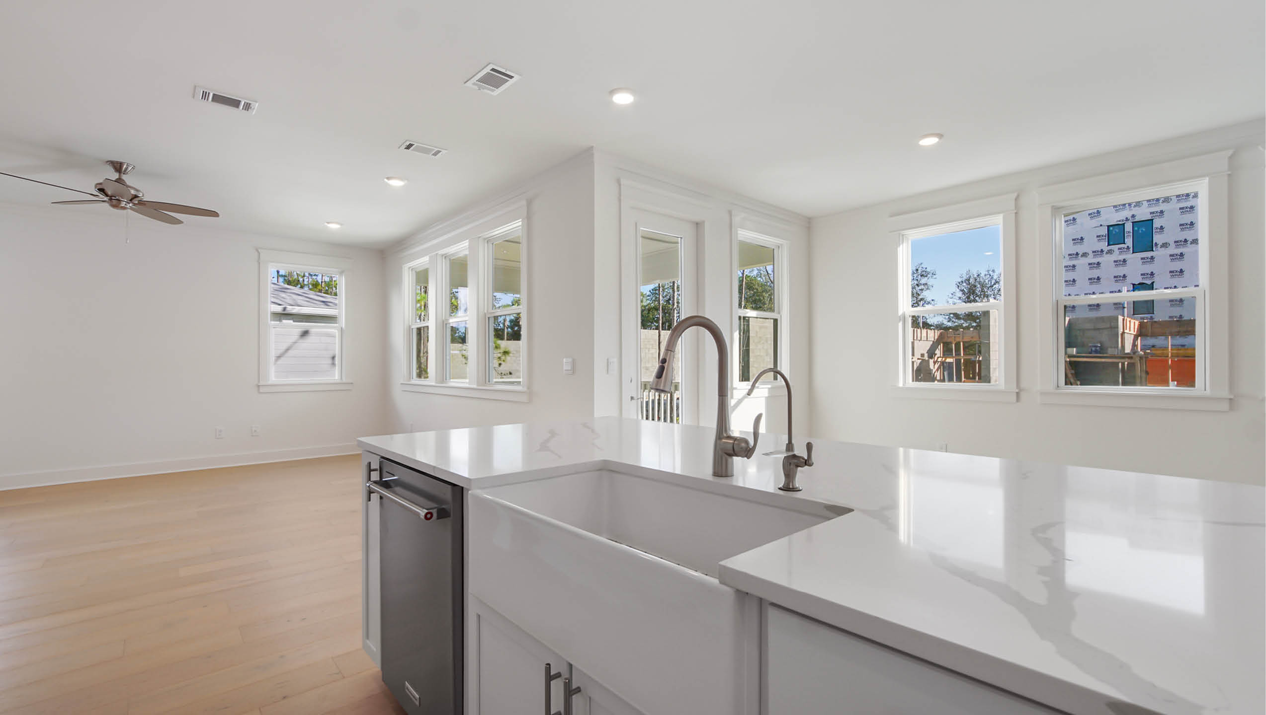 Kitchen and dining area looking out to the covered patio