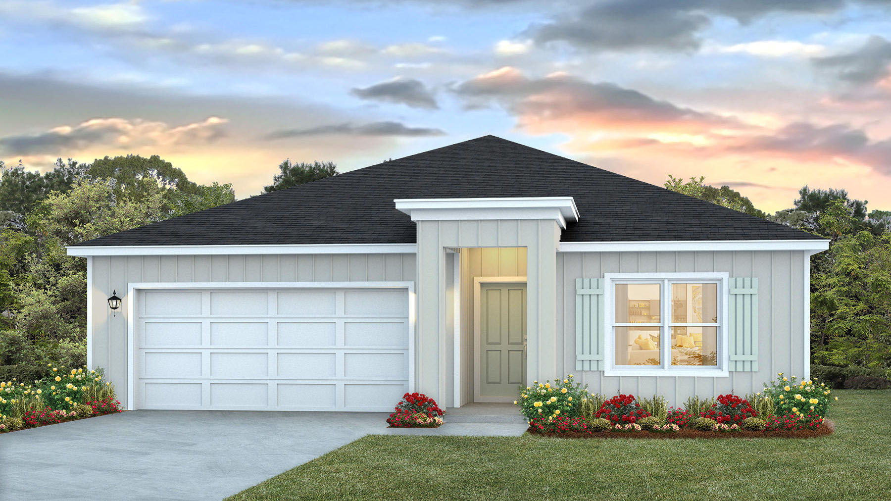 The Cali C has vinyl siding on the exterior and a covered front entry with a two car garage