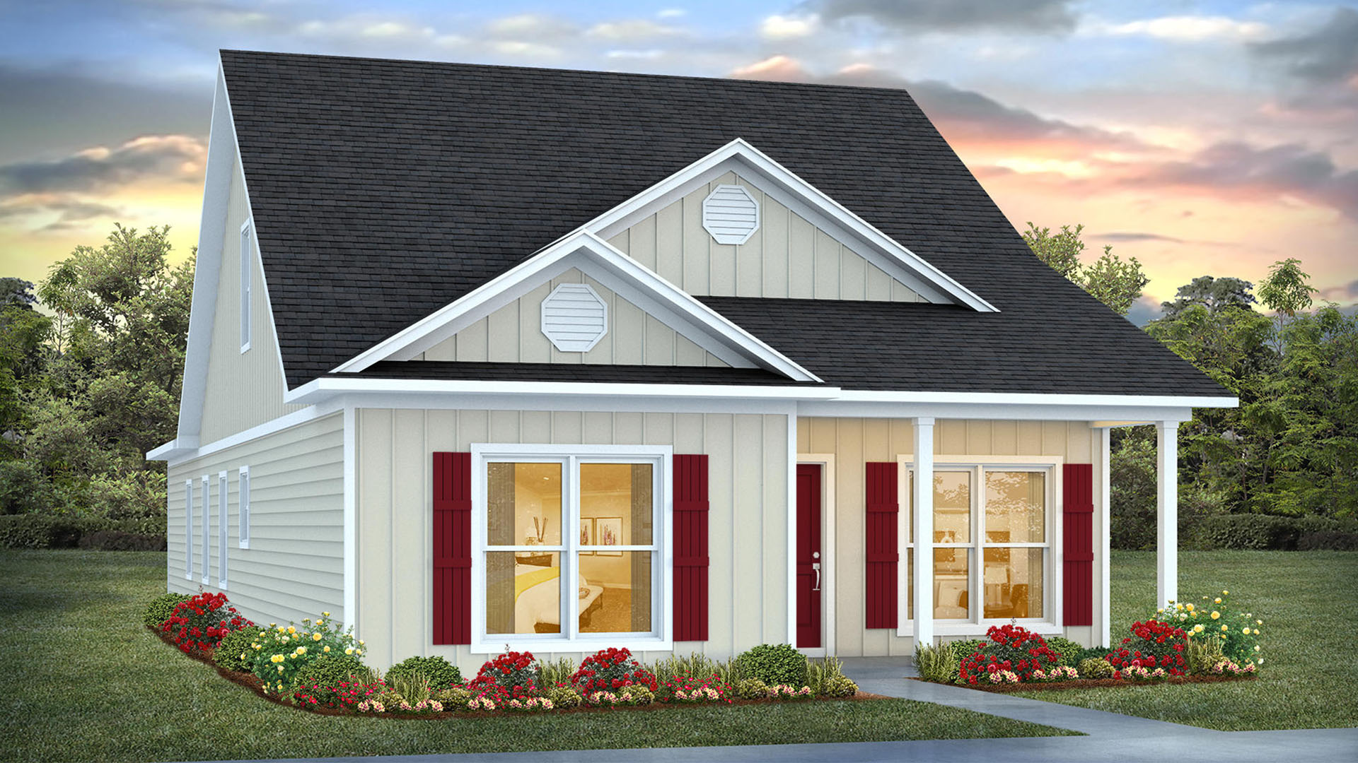 This image depicts a rendering of the Cary floor plan with red shutters and front door, dimensional shingles and an almond color exterior