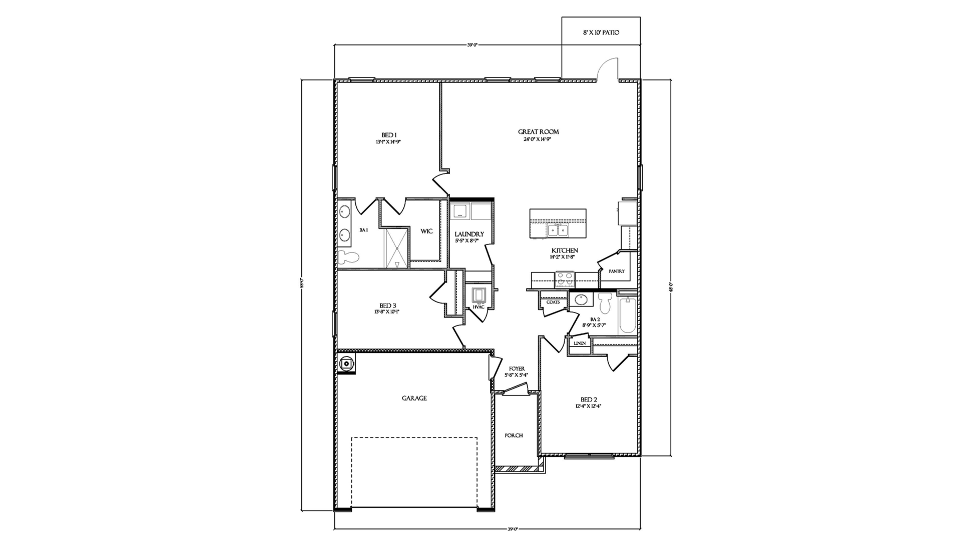 This is the Lismore floorplan showing layout of the home. One guest bedroom off front entry hall, second guest bedroom adjacent to the kitchen and primary bedroom at the back of the home