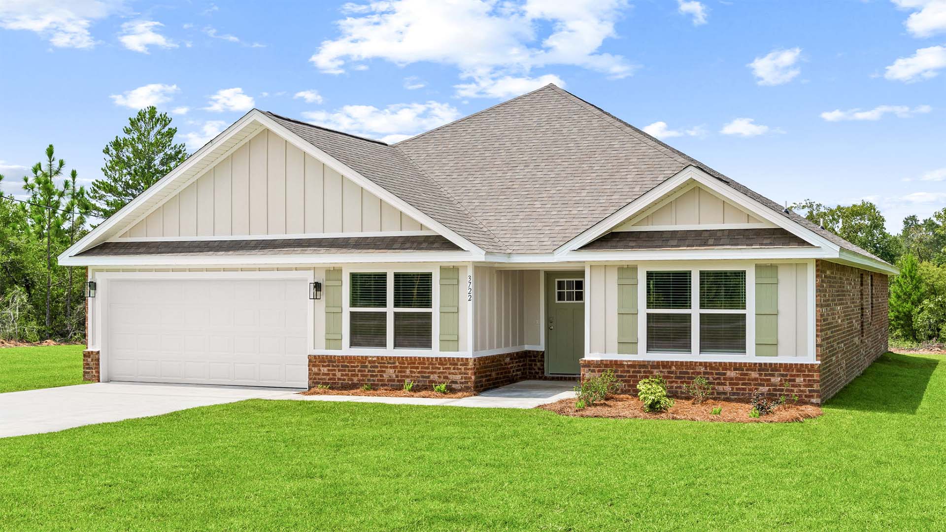 Image of the new Sawyer floor plan showing vinyl siding on the front with a brick skirt and three sides with full brick