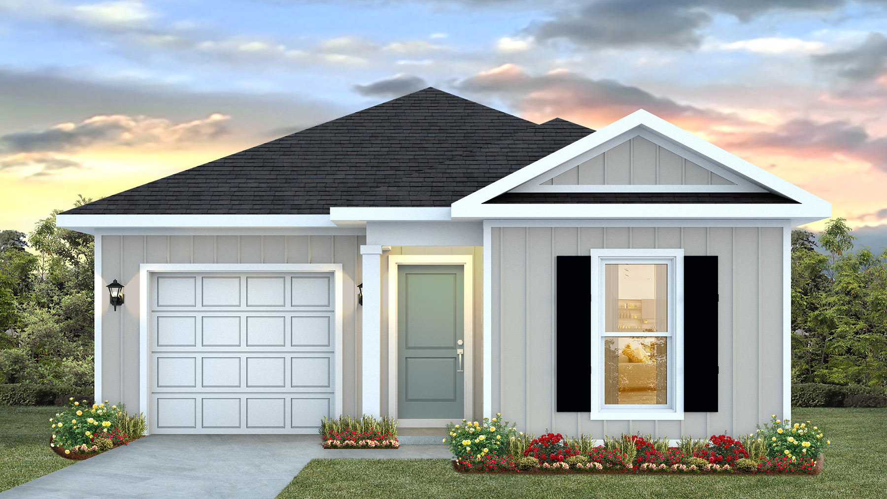 The Poppy rendering showing a two car garage and covered entry door