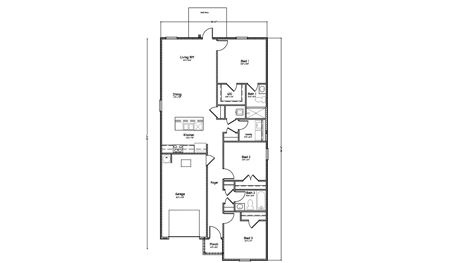 This image shows the poppy floor plan with three bedrooms, two are off the front entry hall and the primary is at the back of the home