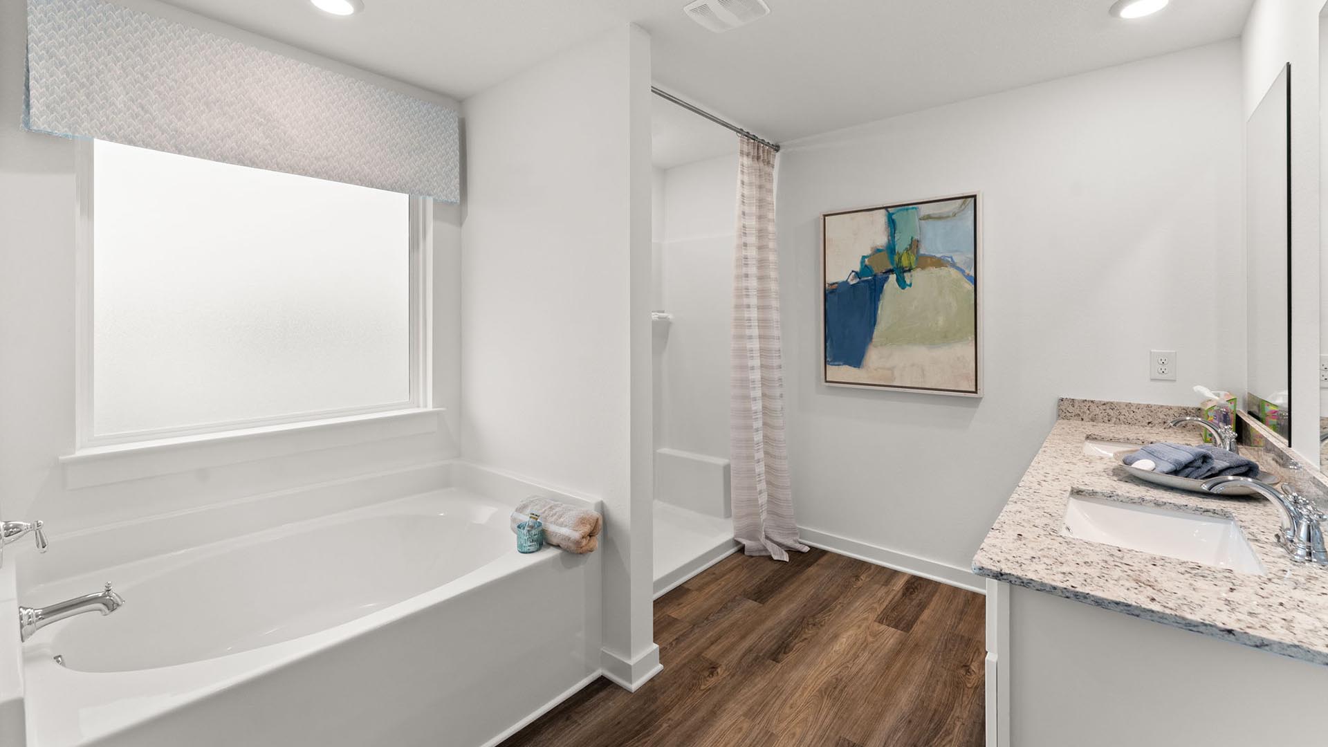 The primary bathroom has a soak tub and separate shower