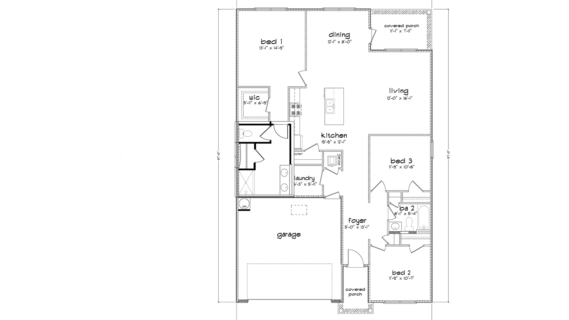 The Aria floor plan showing two bedrooms off the entry hall, the primary bedroom at the back of the home with a two car garage