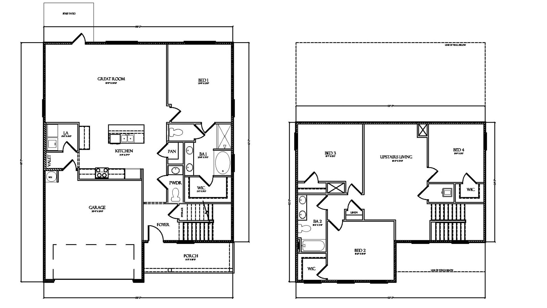 Black and white floor plan showing approximate plan dimensions on first and second level