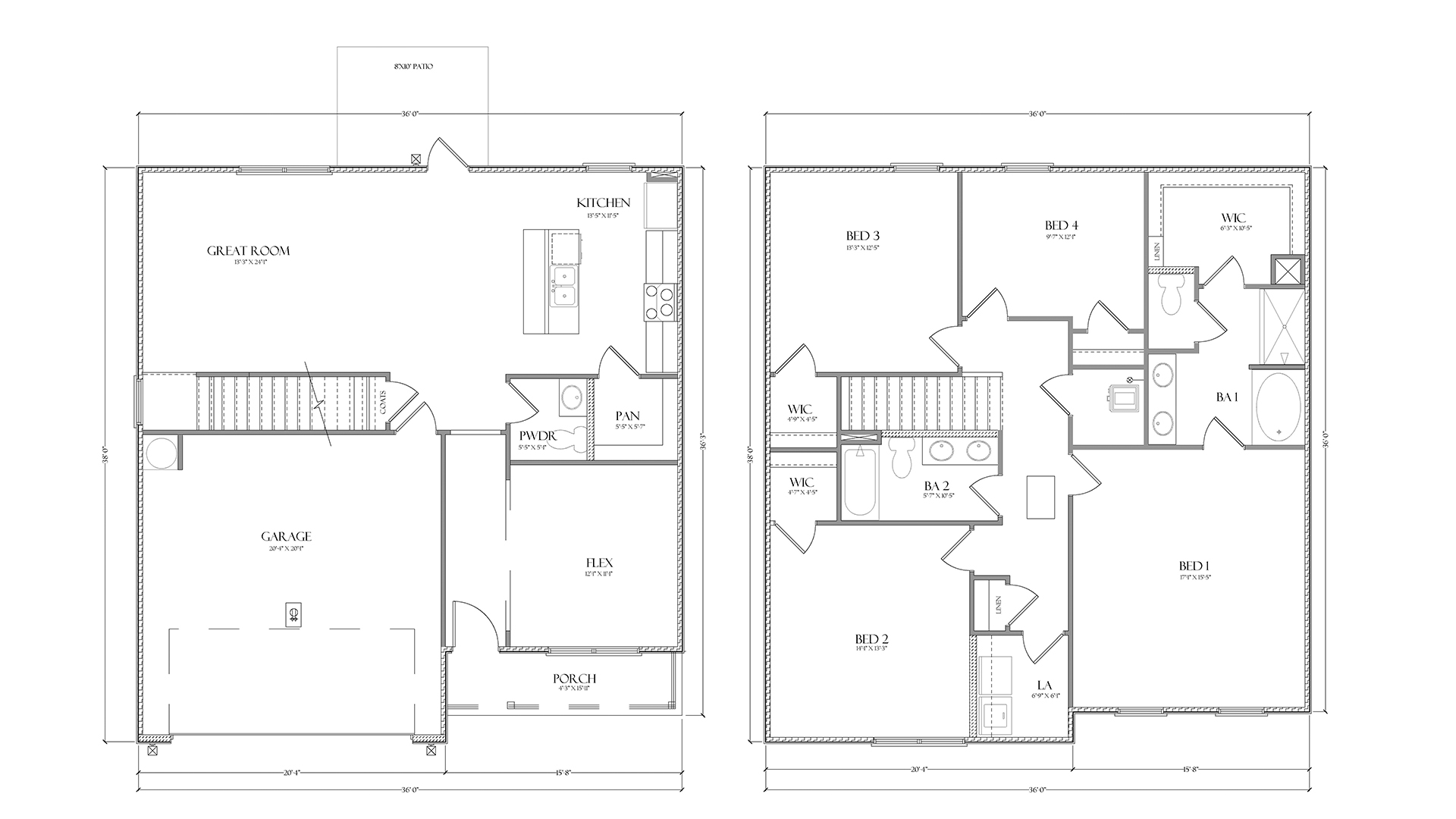 The Penwell floorplan showing two stories with a flex space off the foyer and all bedrooms on the second level