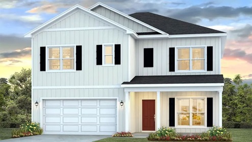 Carol B floorplan rendering with a covered patio and two car garage.