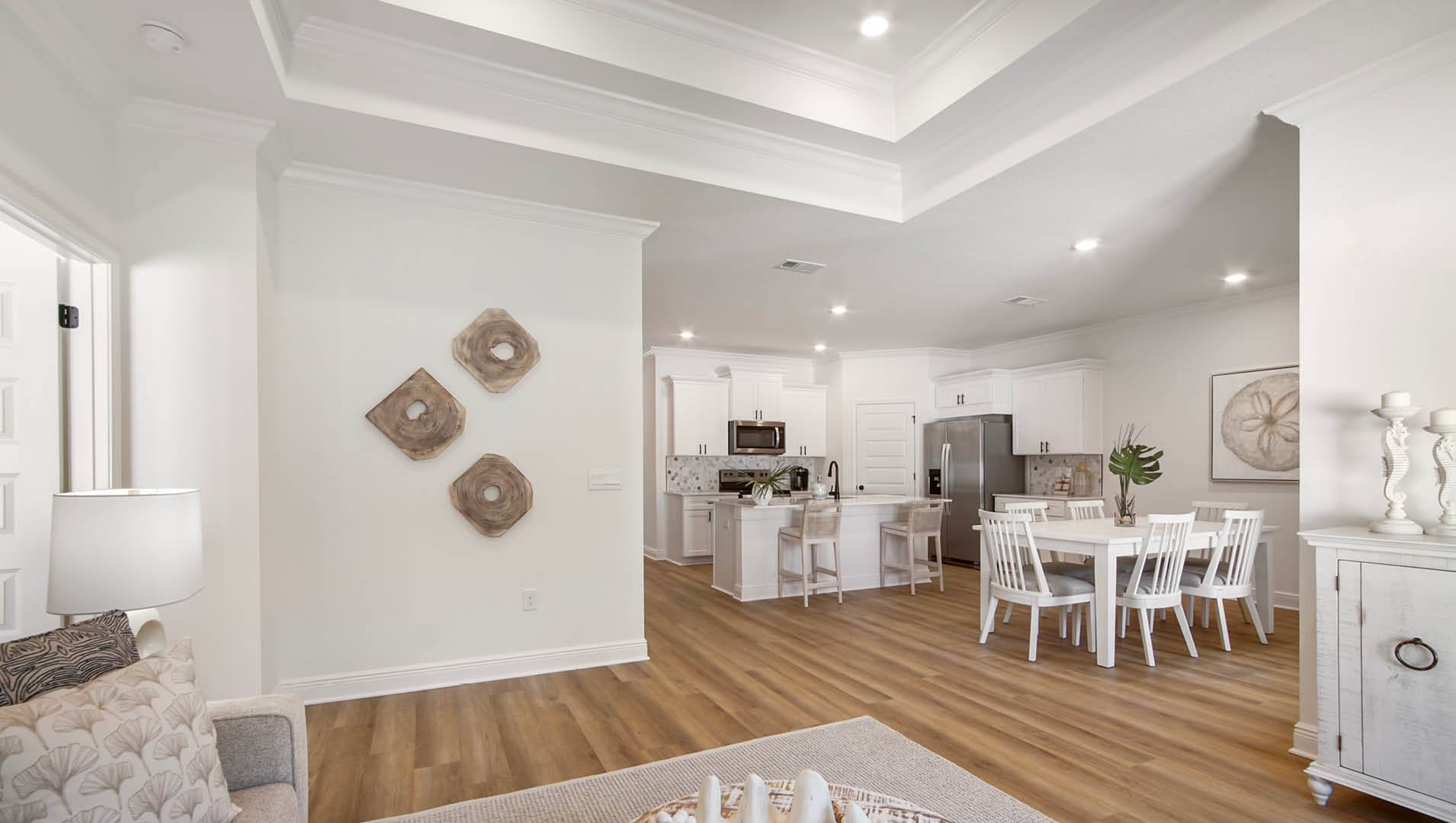 The trey ceilings offer the feel of an open space and high ceilings