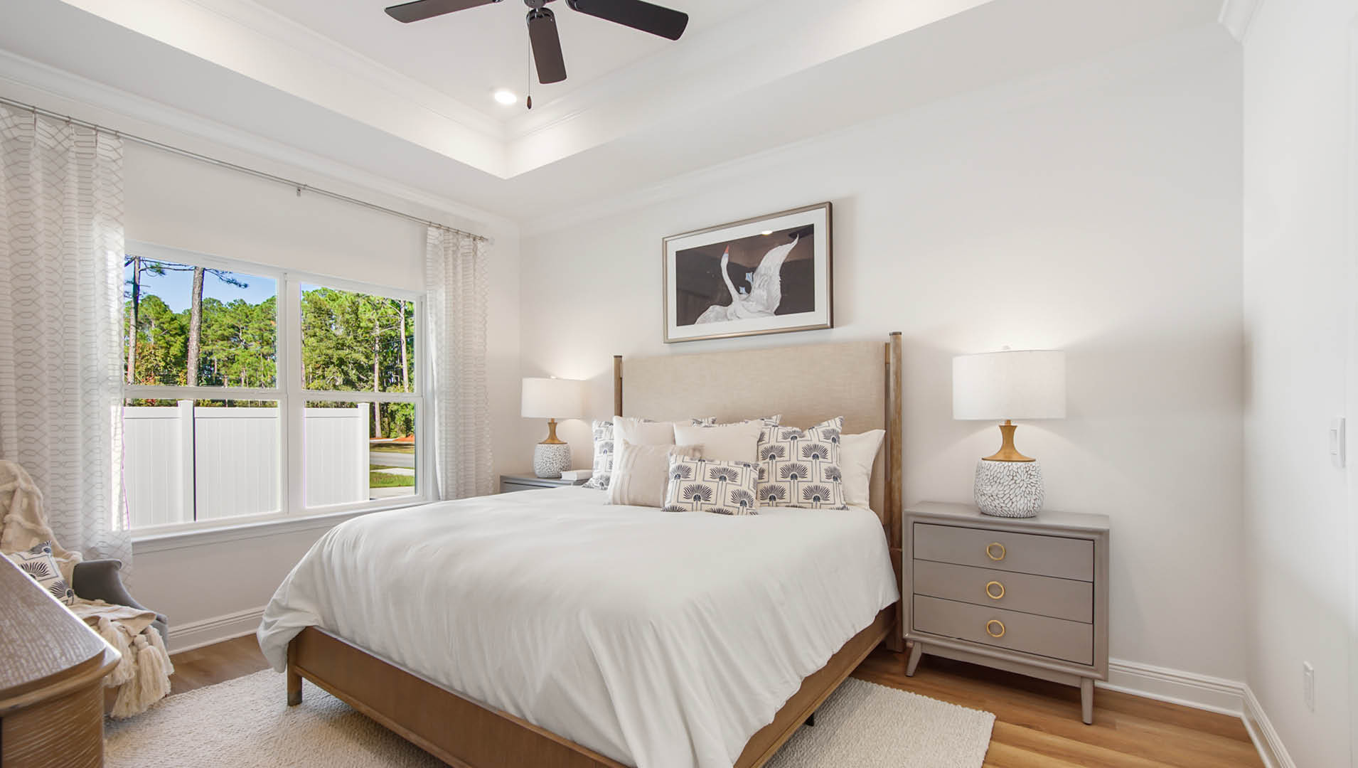 The primary suite is located off the living area