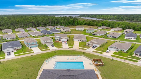 Aerial view of the amenity center and pool
