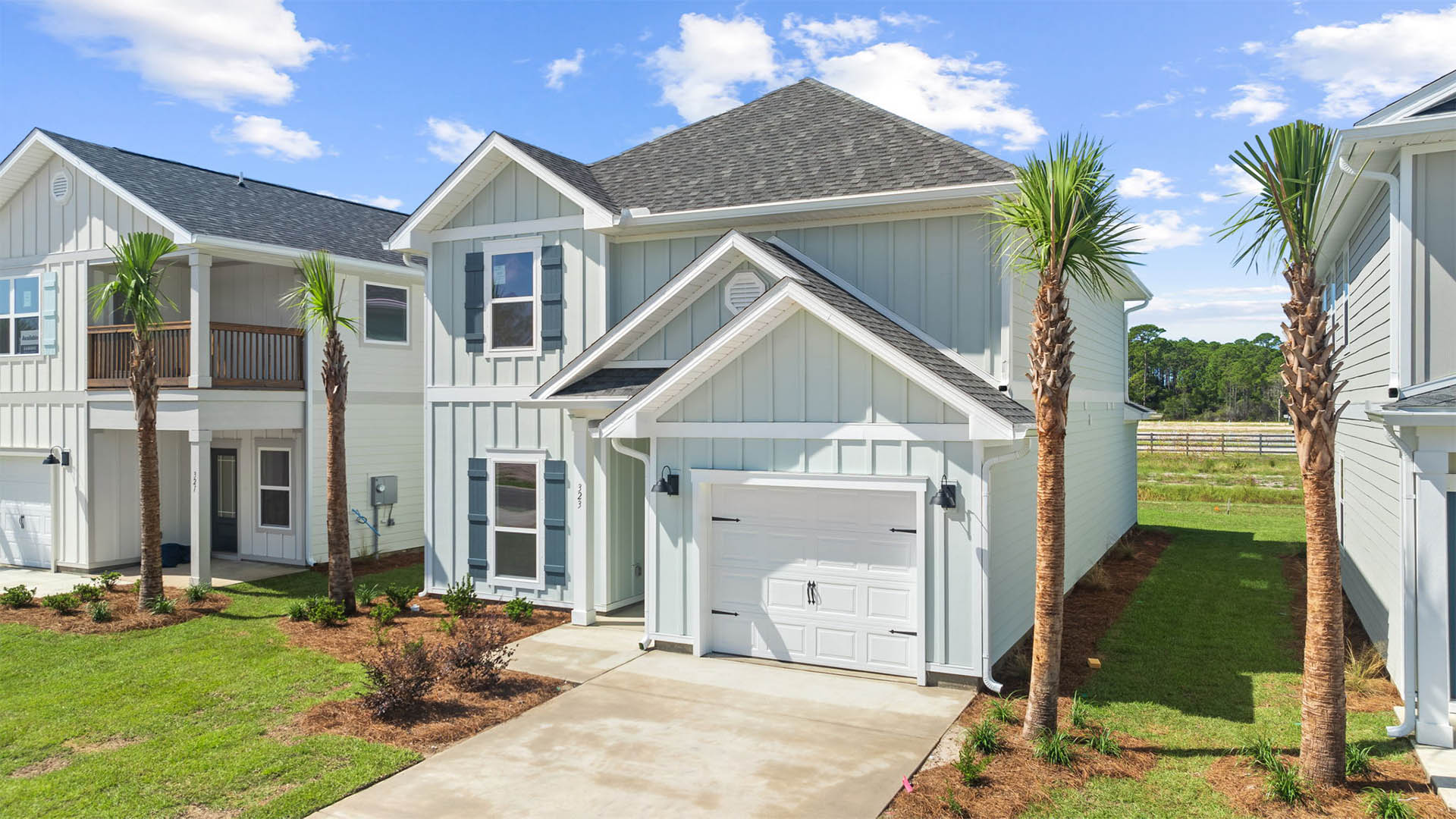 This image shows the Alabaster at completion with Hardie siding and a single car garage. 309 Robinson Bluff Road is pre-construction