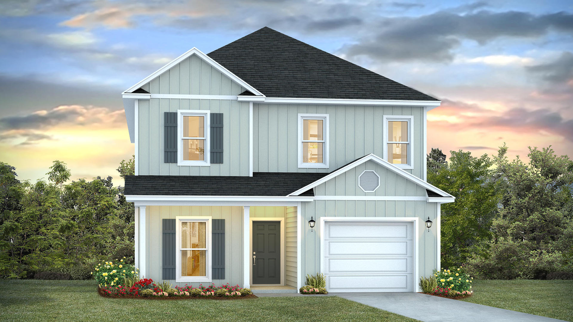 331 Robinson Bluff Road is under construction. This image shows a rendering of the Alabaster with a pale green exterior, gray shutters and covered entry