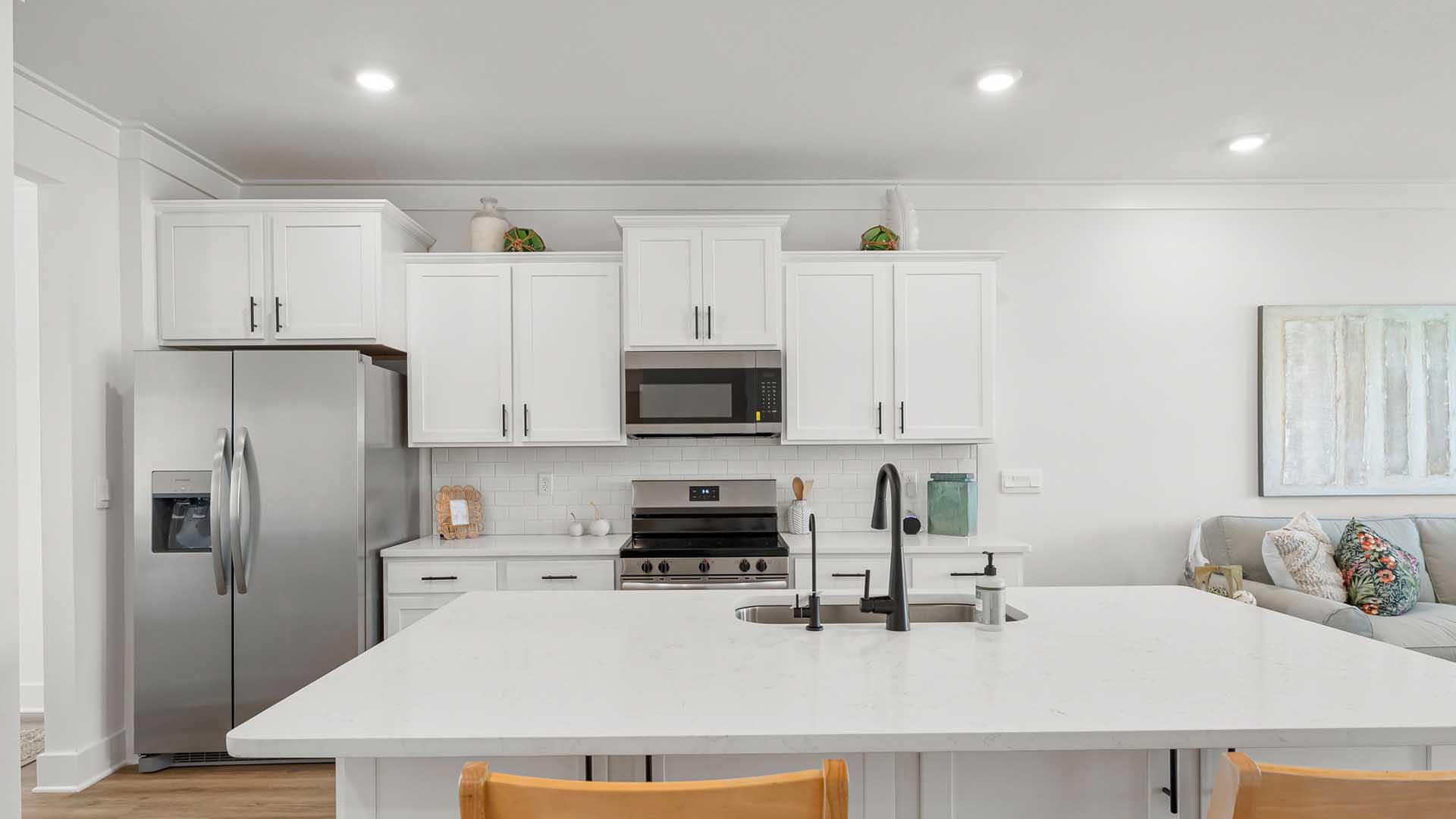 The kitchen has a center island