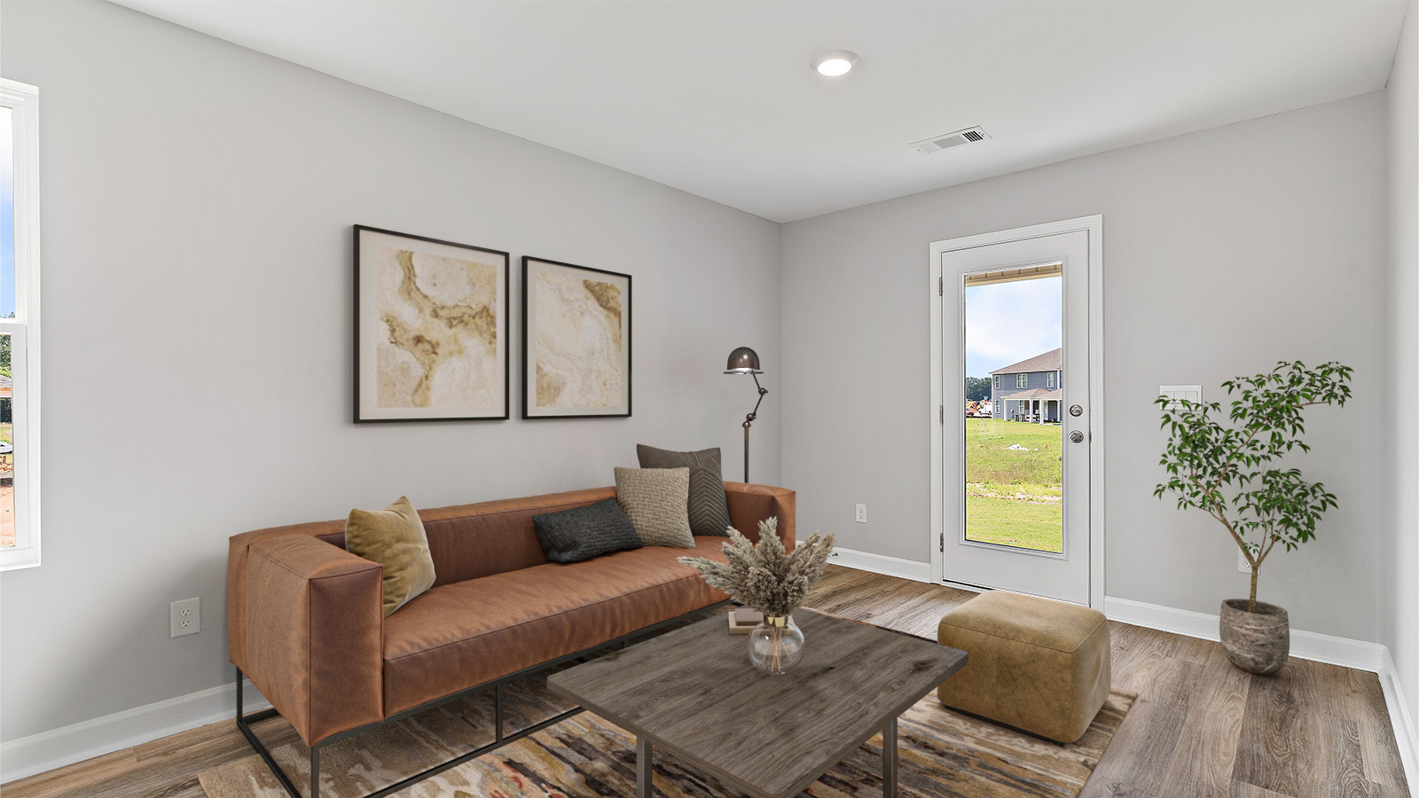 The living room will suit a sofa, media center and coffee table