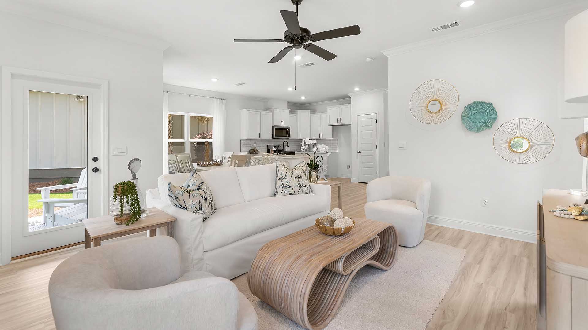 The open concept design creates an inviting space with room for functional living