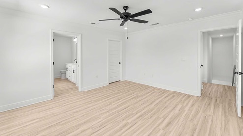 The primary bedroom is located on the second level