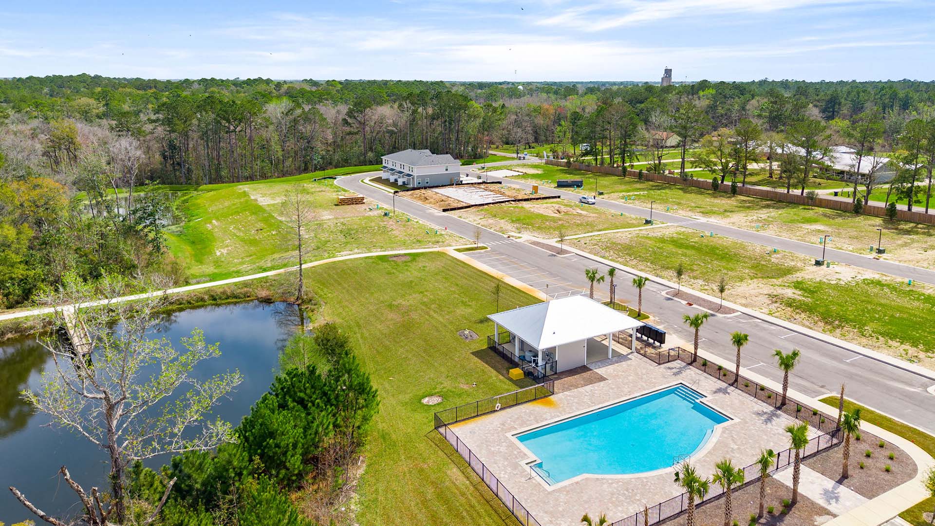 This new townhome community has a community pool with pool house
