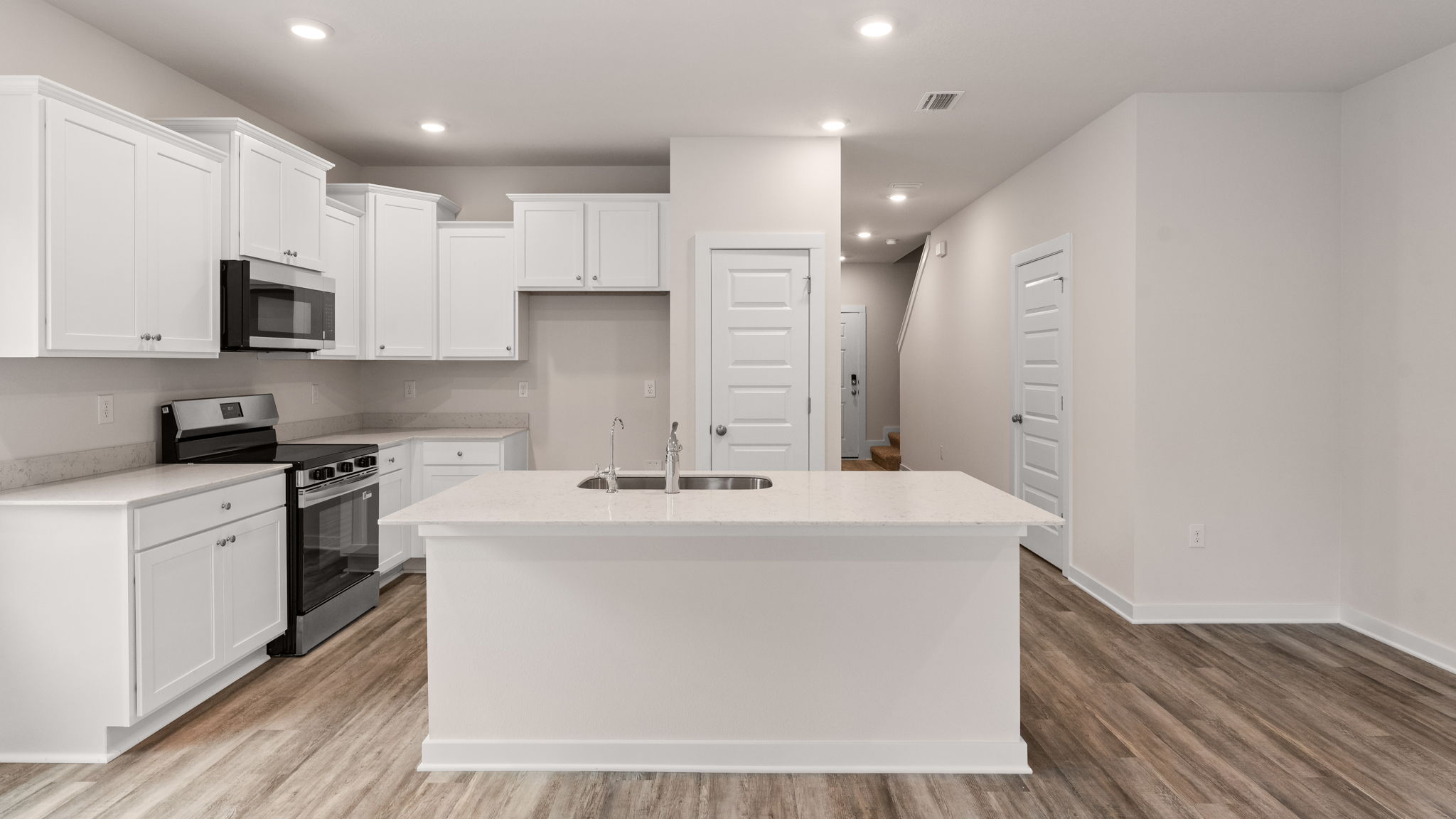 The center island has space for seating