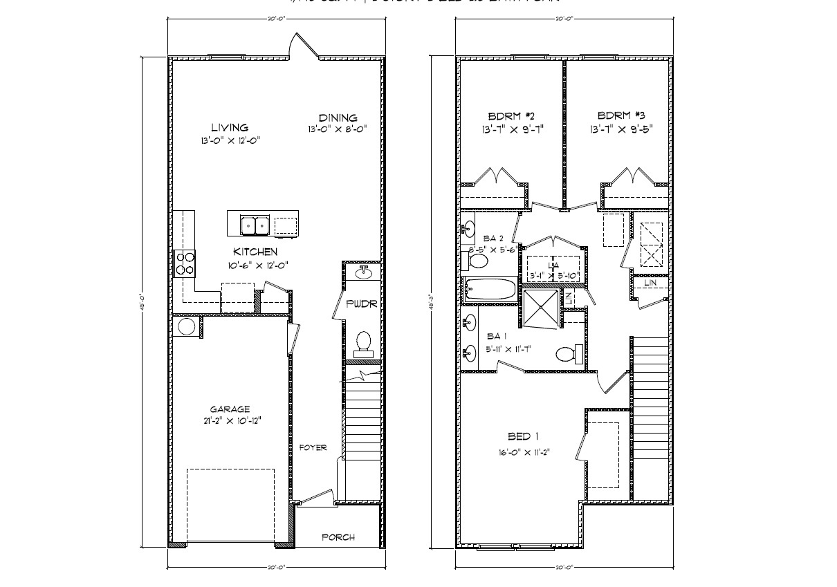Palm Interior unit floor plan showing an open living area on the main level with all bedrooms on the second level