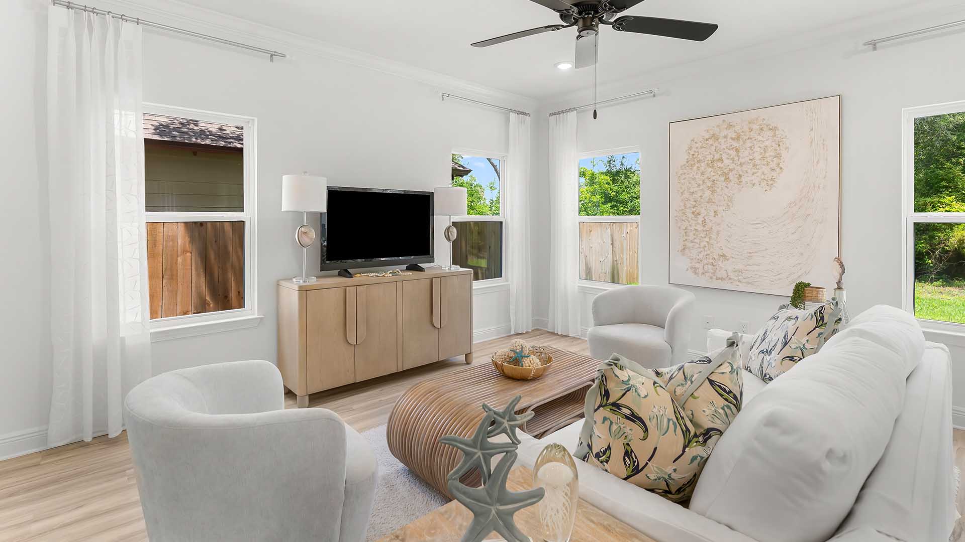 The living and dining areas have a seamless transition