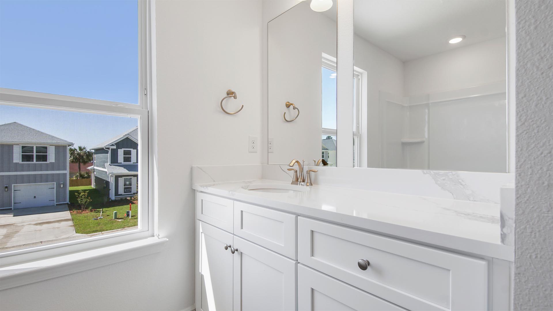 Single sink vanity in shared bathroom