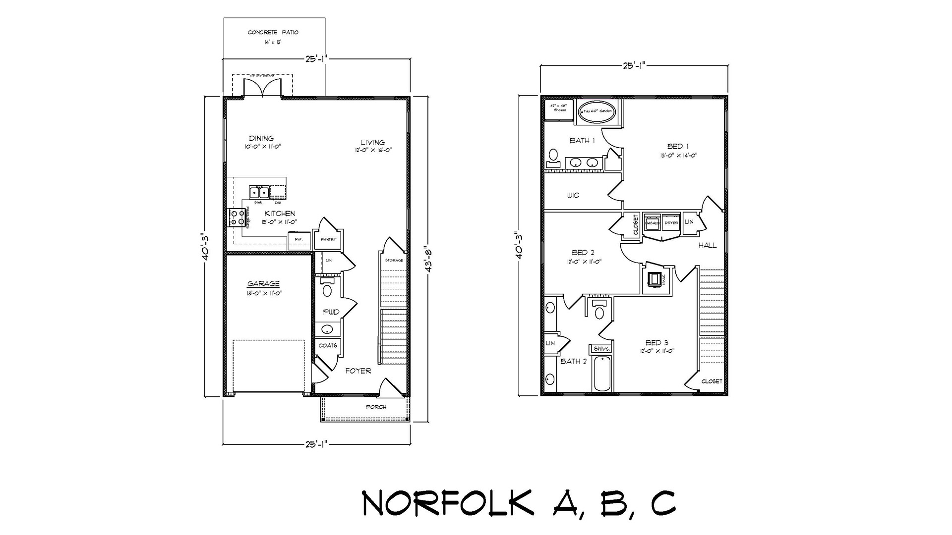 The Norfolk is a two story single car garage home with three bedrooms and two and a half bathrooms.
