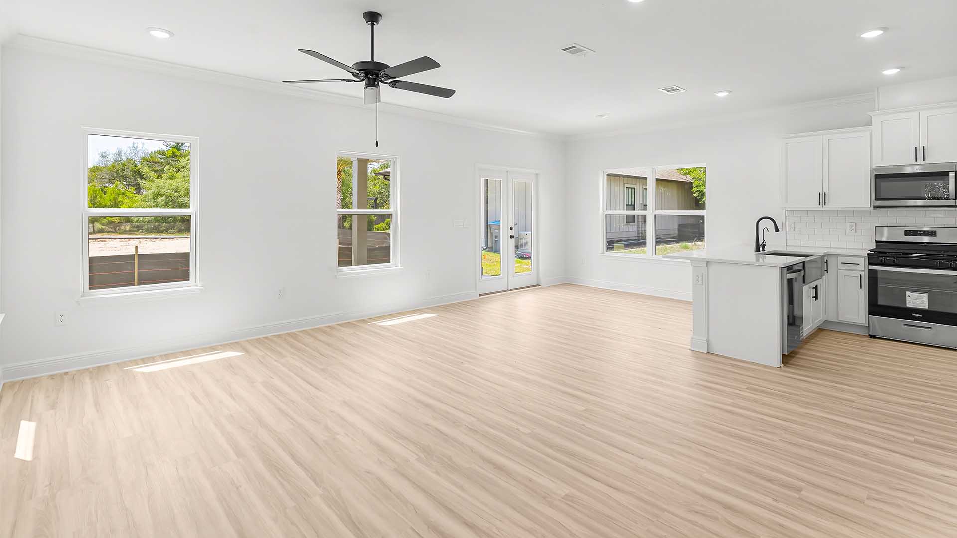 The living and dining areas are seamless connected with EVP floors