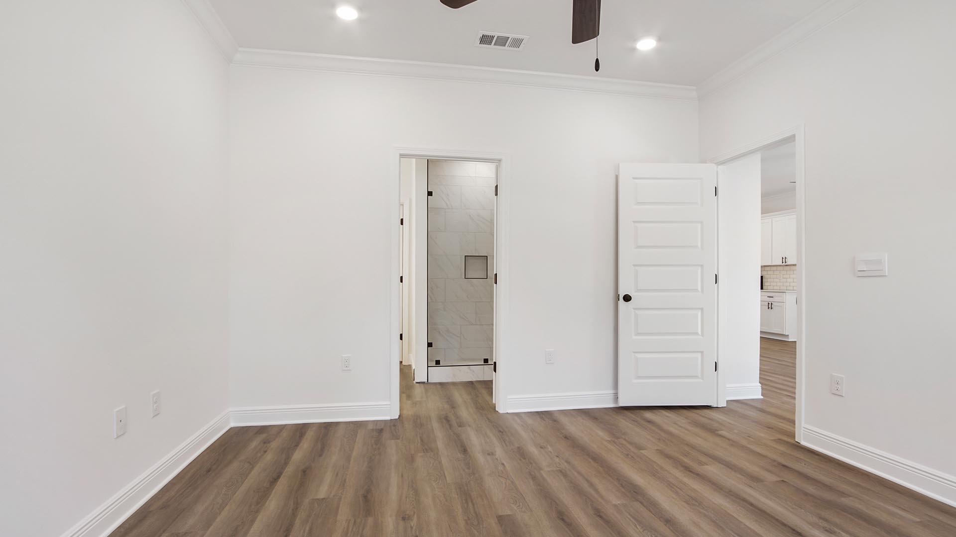 The primary bedroom is located on the main level