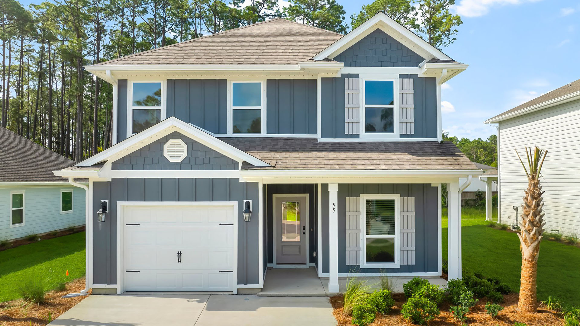 The Alabaster has a covered patio at the front and a single car garage.